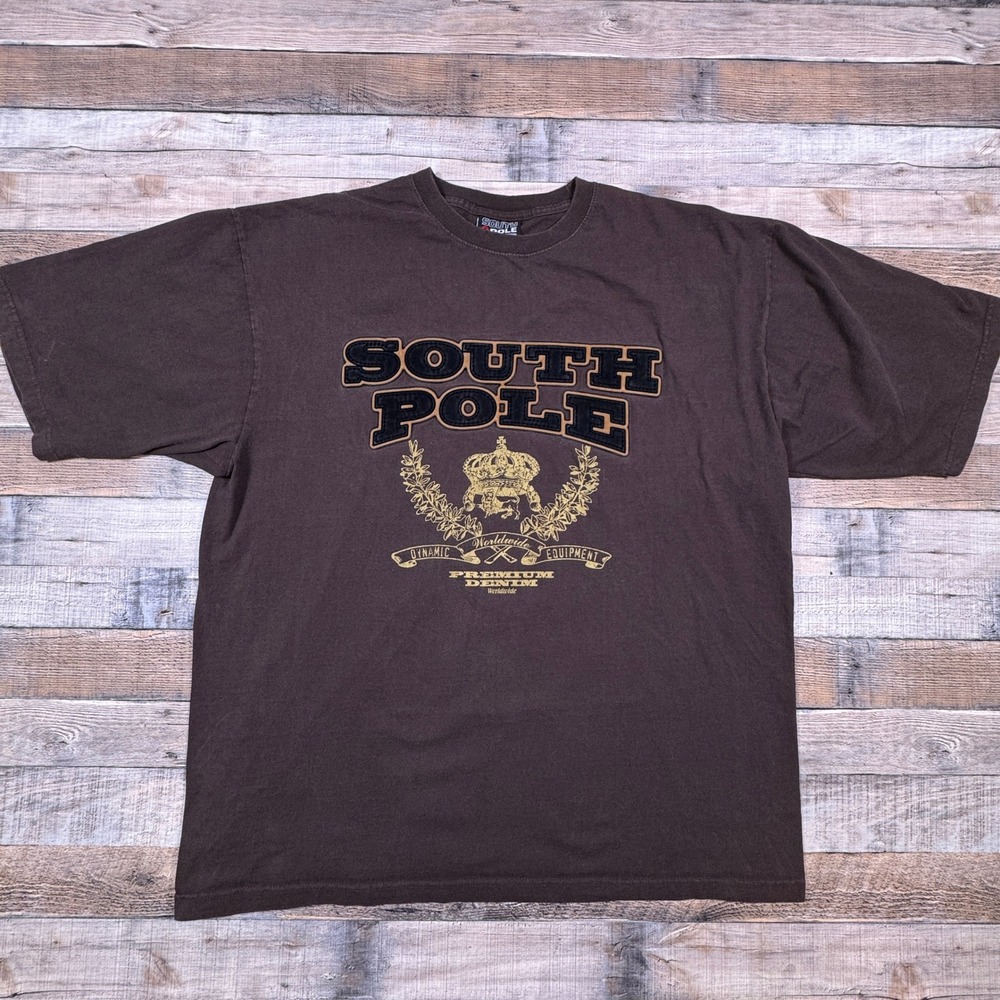VTG Southpole Mens T-Shirt Graphic Velvet Letters Logo Brown XL Short Sleeve Y2K